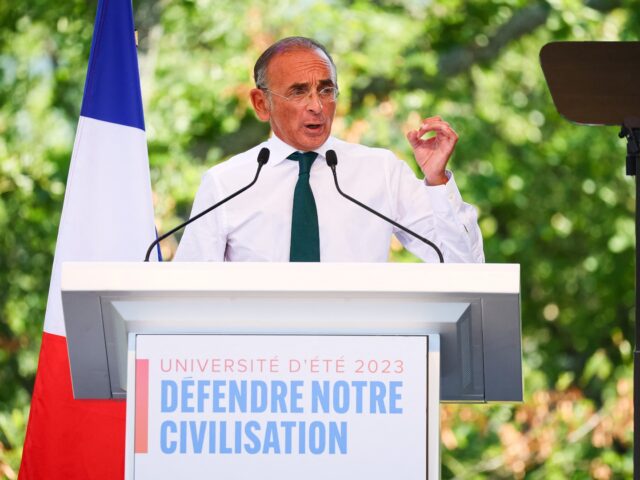 France's "Reconquete!" party leader Eric Zemmour gives a speech during the far-right party