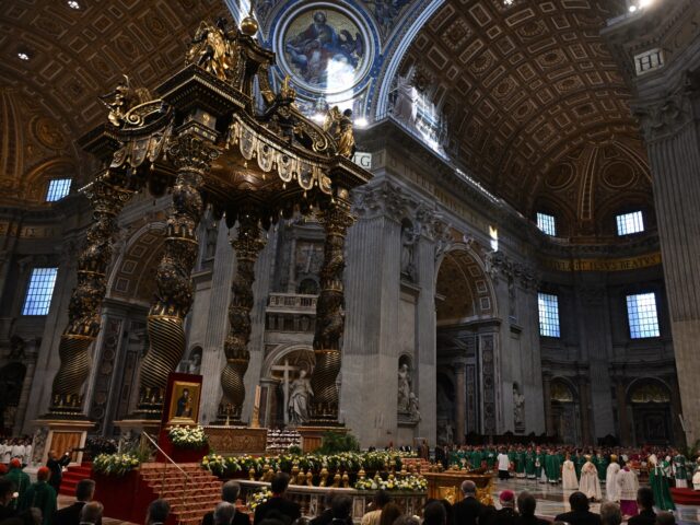 A picture shows the newly renovated baldachin, a large Baroque sculpted bronze canopy over