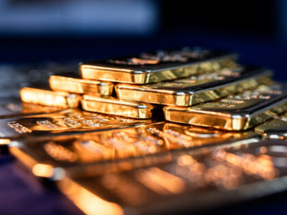 A selection of one kilogram gold bars at Conclude Zrt bullion dealer arranged in Budapest,