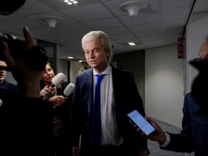 Dutch radical right party PVV leader Geert Wilders (c) addresses media ahead of weekly coa