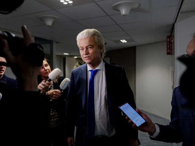 Dutch radical right party PVV leader Geert Wilders (c) addresses media ahead of weekly coa