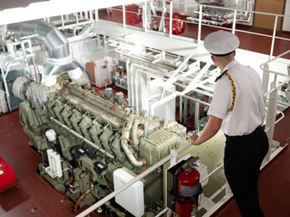 Cadets from the Maine Maritime Academy tour the State of Maine ship following a christenin