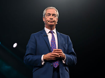 BIRMINGHAM, ENGLAND - SEPTEMBER 06: Leader of Reform UK Nigel Farage addresses delegates o