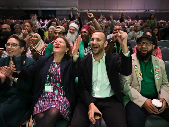 BOURNEMOUTH, ENGLAND - OCTOBER 05: Green Party leader Zack Polanski (cr) with Carla Denyer