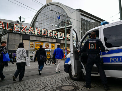Police take up position prior to a banned pro-Palestinian demonstation, at Berlin's A