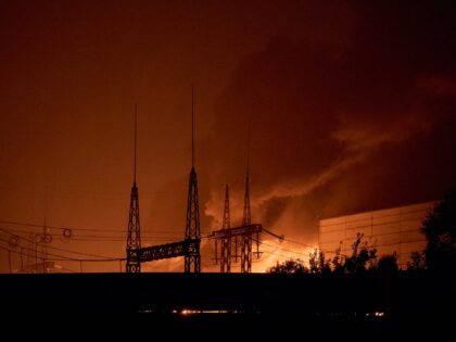 KYIV, UKRAINE - OCTOBER 10: Firefighters battle flames at a thermal power plant following
