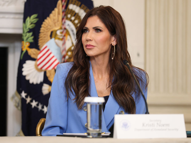 GettyImages-2239998257 WASHINGTON, DC - OCTOBER 08: U.S. Secretary of Homeland Security Kristi Noem looks on duri