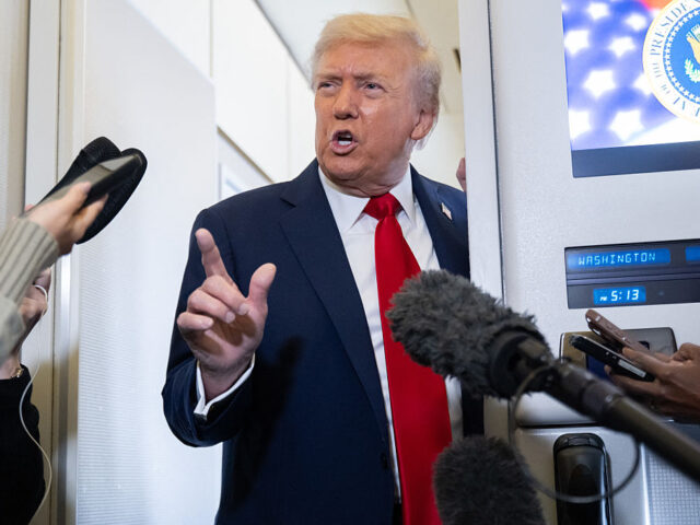 US-ISRAEL-PALESTINIAN-CONFLICT-TRUMP US President Donald Trump speaks with the media aboard Air Force One as he flies from Wash