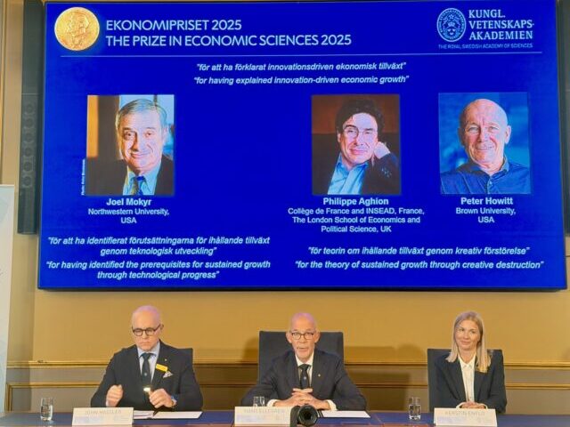 Joel Mokyr, Philippe Aghion, Peter Howitt awarded Nobel in economics STOCKHOLM, SWEDEN - OCTOBER 13: (L-R) John Hassler, Chair of the Committee for the Prize i