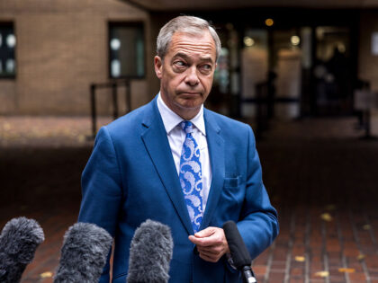 LONDON, ENGLAND - OCTOBER 14: Reform UK party leader Nigel Farage speaks to assembled medi