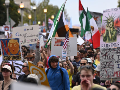 CHICAGO, ILLINOIS - OCTOBER 18: People protest as part of the No Kings Rallies on October