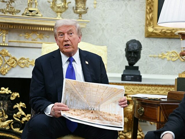 US-NATO-POLITICS-DIPLOMACY-TRUMP-RUTTE US President Donald Trump shows an image of his planned ballroom as he meets with NATO Sec