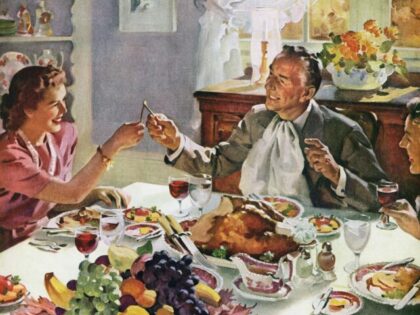 Vintage illustration of a husband and wife pulling the wishbone of a turkey for good luck
