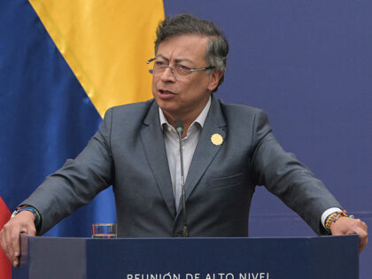 Colombia's President Gustavo Petro gives a joint statement with the other leaders (out of