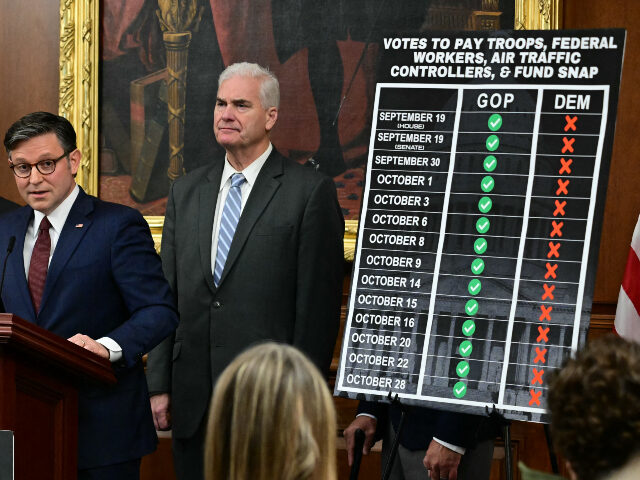 Government shutdown chart US Speaker of the House Mike Johnson, Republican of Louisiana speaks alongside with member