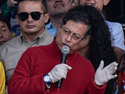 Gustavo Petro, Colombia’s president, speaks during a rally at Bolivar Square in Bogota,