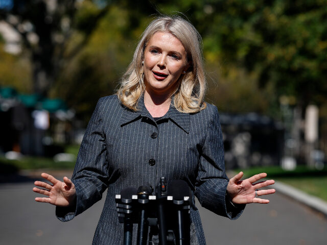 White House Press Secretary Karoline Leavitt speaks to reporters outside of the White Hous