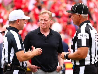 Commissioner of the NFL Roger Goodell speaks with referees prior to an NFL regular season