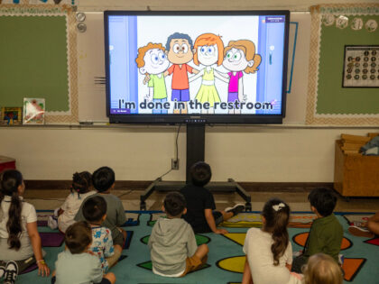 Chatsworth, CA - August 14: Students watch a restroom video during Miriam Bernal's tr