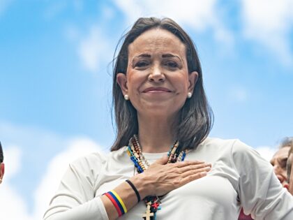 CARACAS, VENEZUELA - JULY 30: Opposition leader Maria Corina Machado looks on with a hand