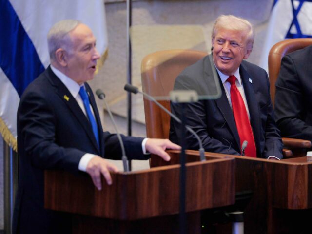 Israeli Prime Minister Benjamin Netanyahu addresses the Knesset as President Donald Trump
