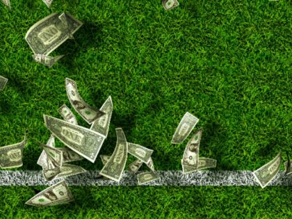 Green grass with dollar bills. Gambling thoughts.