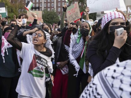 FILE - Palesinian supporters gather for a protest at Columbia University, Thursday, Oct. 1