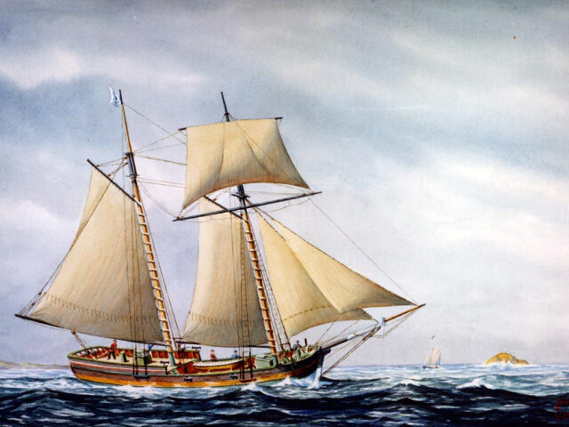 Continental schooner Hannah, 1775. Artwork by John F. Leavitt. Original painting was donat