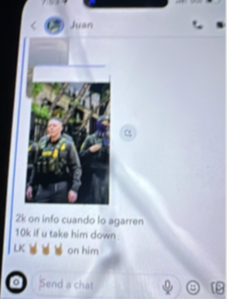 Snapchat Screenshot of threat to Chief Bovino (Department of Homeland Security)