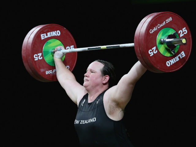 Transgender Powerlifter Laurel Hubbard of New Zealand competes in the Women's 90kg Final during Weightlifting