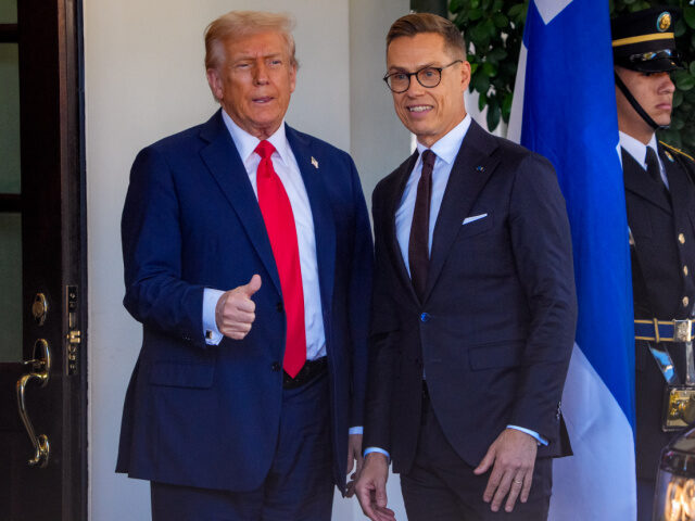 U.S. President Donald Trump greets President of Finland Alexander Stubb outside of the Wes