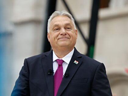 Viktor Orban, Hungary's prime minister, following a speech to supporters in front of the p