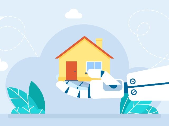 an AI robot holding a house