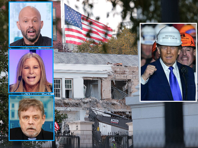 WASHINGTON, DC - OCTOBER 20: Workers demolish the facade of the East Wing of the White Hou