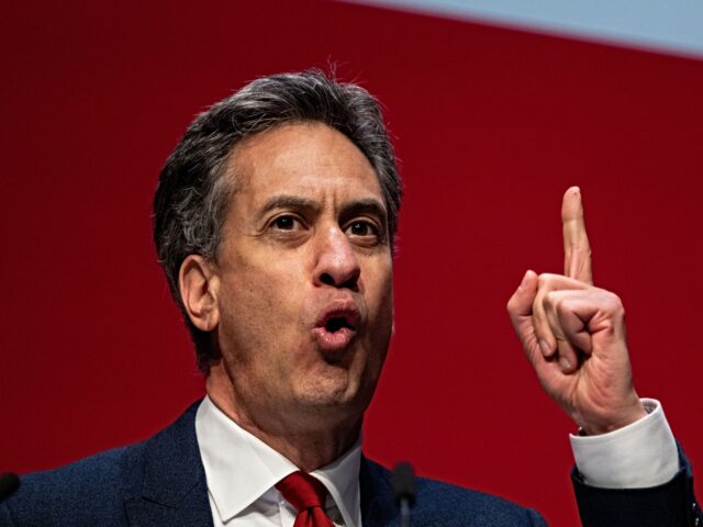 Ed Miliband, UK energy security secretary, speaks on stage at the UK Labour Party annual c