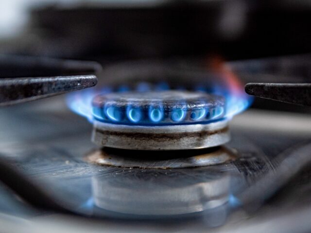 BARCELONA, SPAIN - 2022/10/08: A gas stove lets off a blue flame inside a household kitche