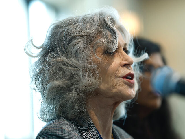 NEW YORK, NEW YORK - APRIL 23: Jane Fonda speaks outside the UN Headquarters at the Millen