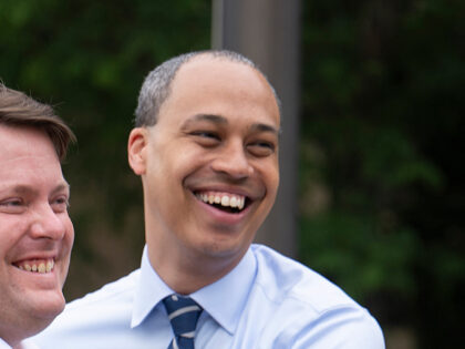 CLIFTON, VA - JUNE 17: Virginia Attorney General Democratic candidate Jay Jones jokes with