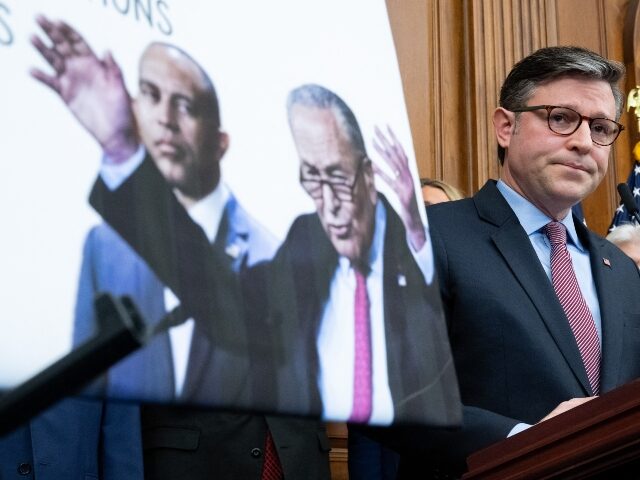 US Speaker of the House Mike Johnson, Republican of Louisiana, speaks about the government