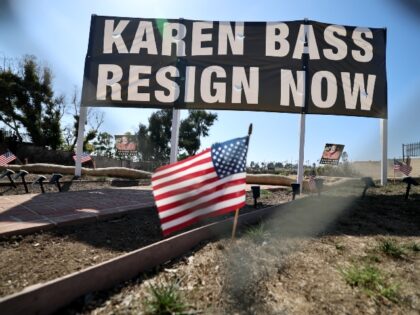 Palisades, CA - October 08: A view of a 7-foot tall sign calling on Los Angeles Mayor Bass