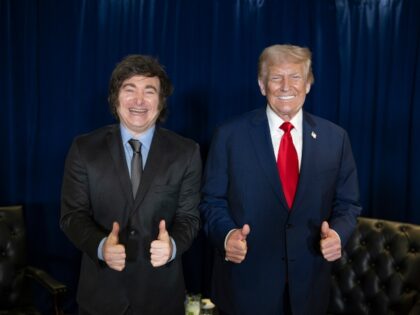 President Donald Trump participates in a pull-aside meeting with Javier Milei, President o