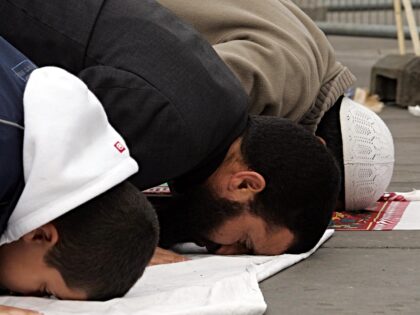 Muslims pray during an Islamaphobia rally organised by a coalition of moderate Muslim grou