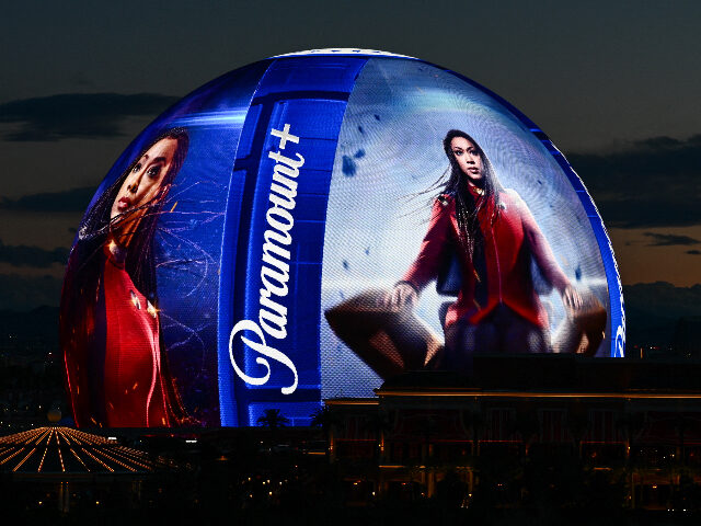 The Paramount Global Paramount+ streaming service logo is displayed on the Sphere arena in