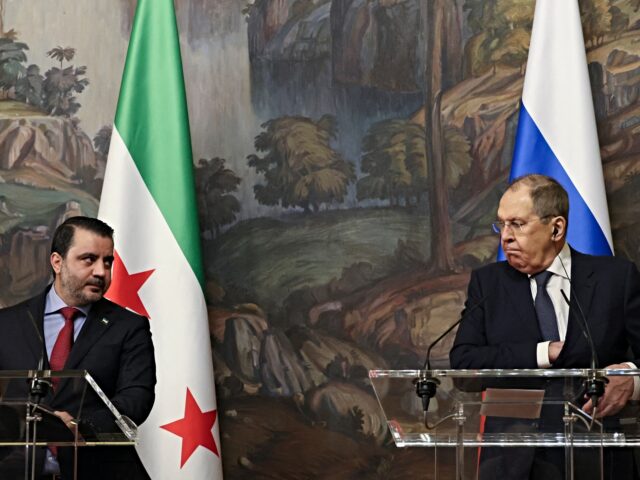 Russian Foreign Minister Sergei Lavrov and Syrian Foreign Minister Asaad al-Shaibani hold
