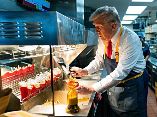 Former President Donald Trump as he works behind the counter during a visit to McDonalds i