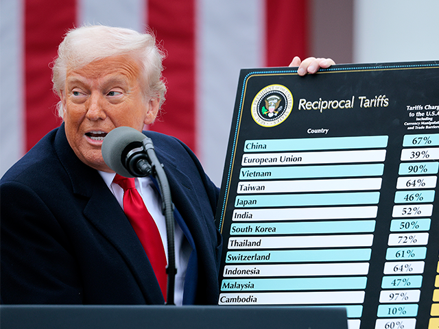 President Donald Trump holds up a chart while speaking during his “Liberation Day” tar
