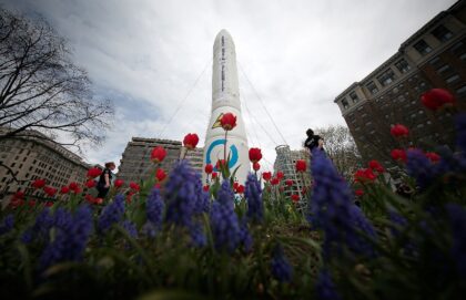 An inflatable nuclear missile balloon installed for a protest by the group Global Zero in