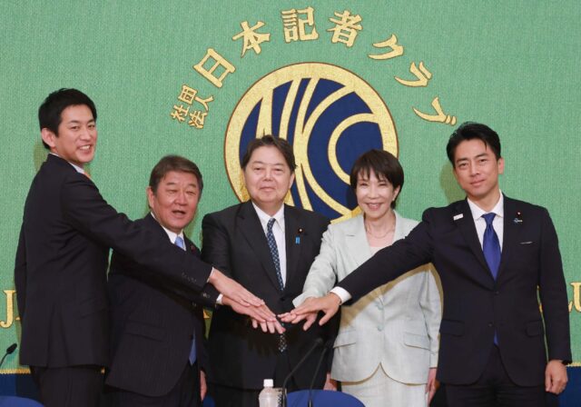 Candidates for Japan's Liberal Democratic Party (LDP) leadership include (L-R) Takayu