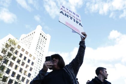 A conservative activist holds a sign against Antifa in November 2017 in San Francisco, Cal