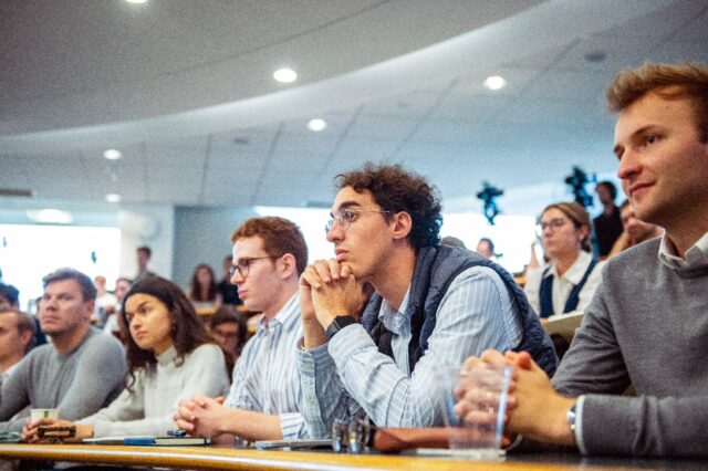 Harvard students listen to French Foreign Minister Jean-Noel Barrot speak at the universit